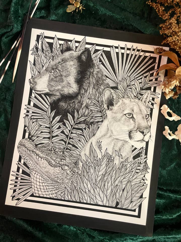 The Florida Squad - Florida Panther, Black Bear, & Alligator Art Print for wholesale by Strat Lacy Art