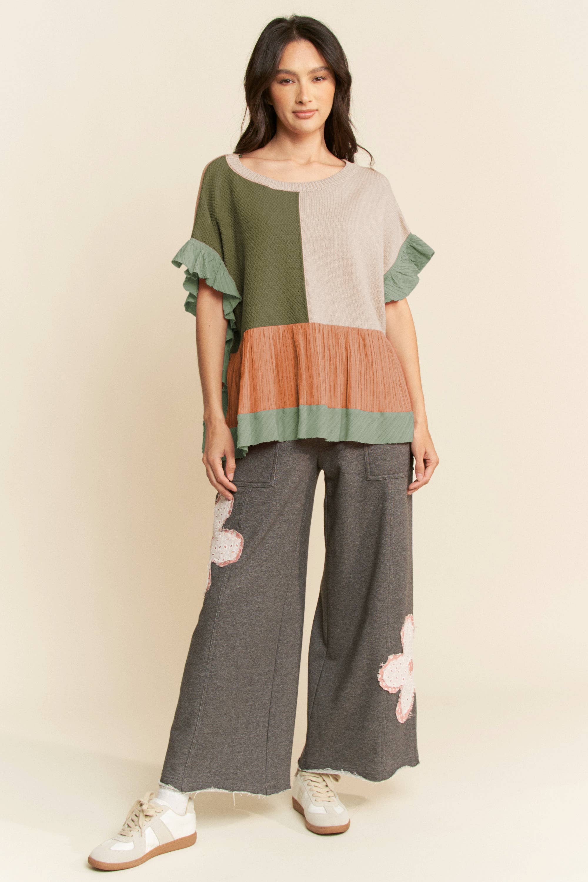 Davi & Dani – wholesale Knit top – Women's – PLUS SWEATER MIX PATCHWORK TEXTURED RUFFLE TOP7