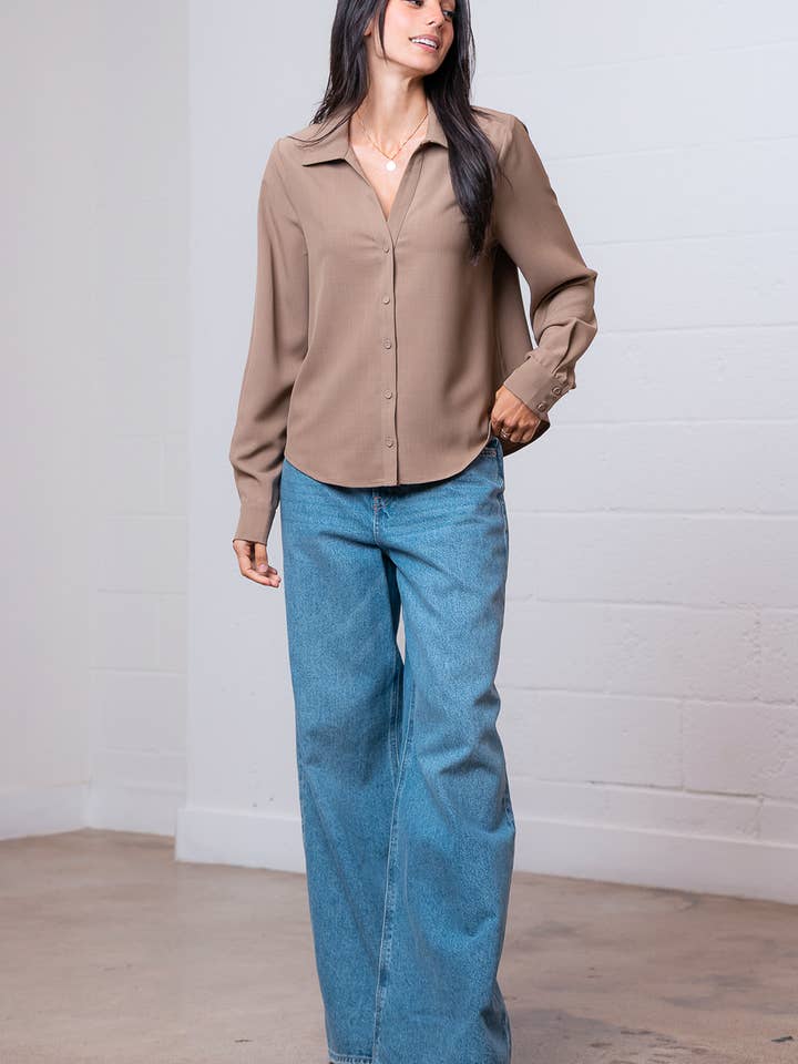 Taelynn - Wholesale Button Down Shirt - Women's - ST88298T-LONG SLEEVE BUTTON DOWN V-NECK SOLID SHIRT11