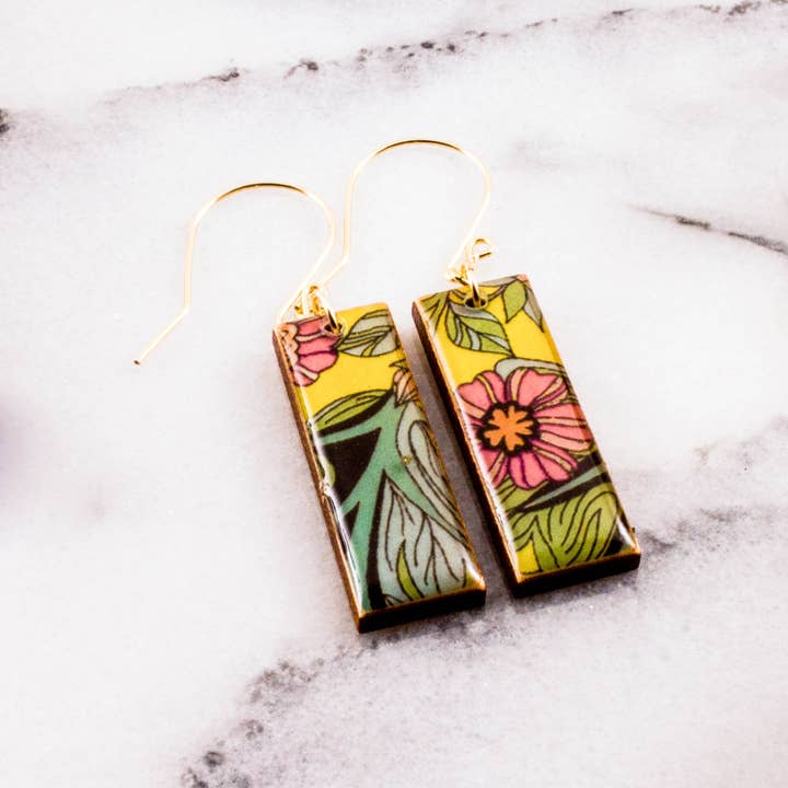 Yellow Nouveau Floral Rectangle Earrings for wholesale by No Man's Land