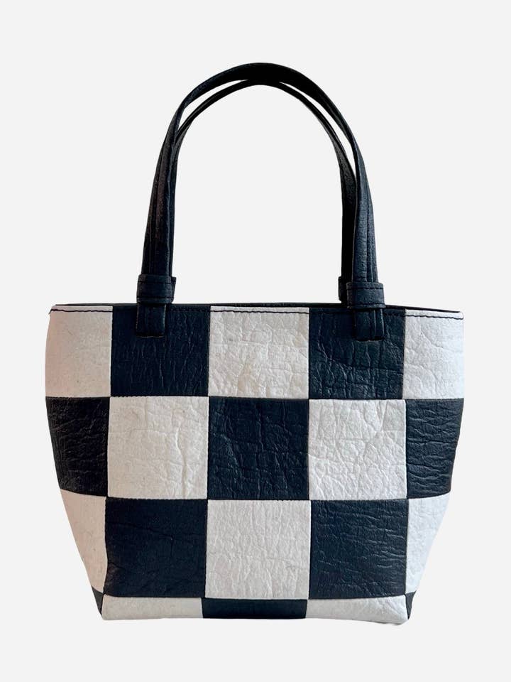 Mini Tote, Checkered Patchwork Black/Natural for wholesale by Ceibo