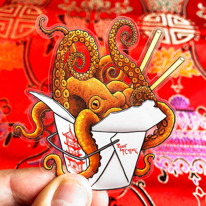 Ryan McCulloch Art - Wholesale Sticker - CLEAR STICKER: Wok-Topus (Chinese Food Loving Octopus)
