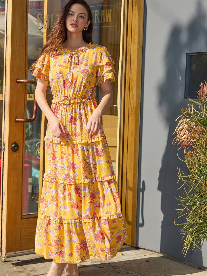 Yellow Multi 17616-7190 Floral paisley ruffle sleeves layered maxi dress for wholesale on Faire