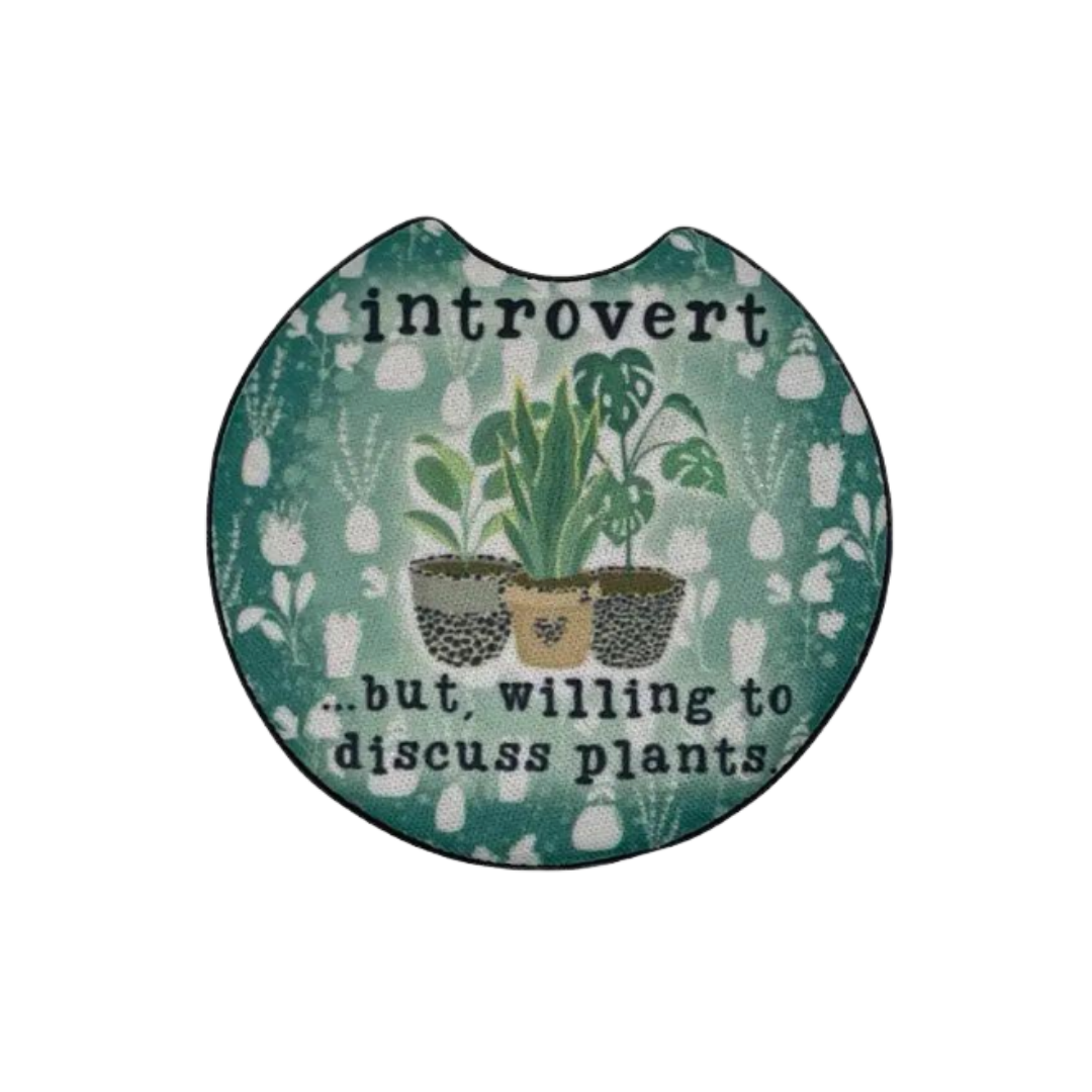 Dirt Poor Designs - Vente Sous-verre pour voiture – unisexe - Introvert... mais prêt à discuter des plantes Ensemble de 2 sous-verres pour voiture0