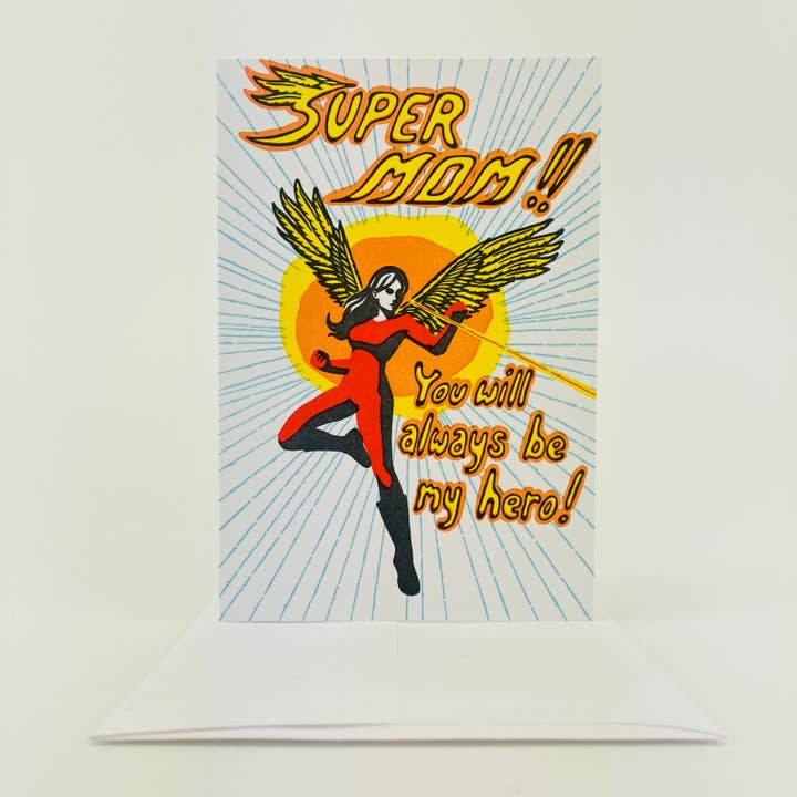 SUPER MOM! Super hero Mothers Day card. for wholesale by Old School Stationers