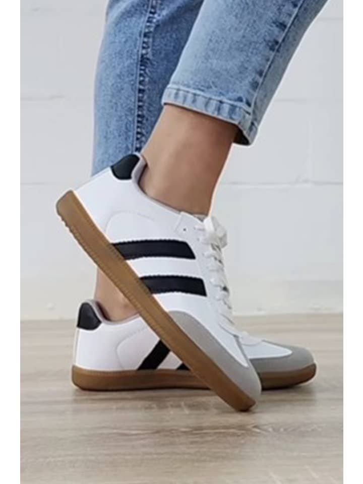 White LDC Striped Lace-up Flat Sneakers for wholesale on Faire