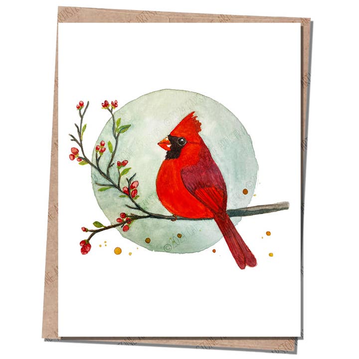 Handmade Cardinal A2 Greeting Card with Kraft Envelope for wholesale by Capstone Artistry