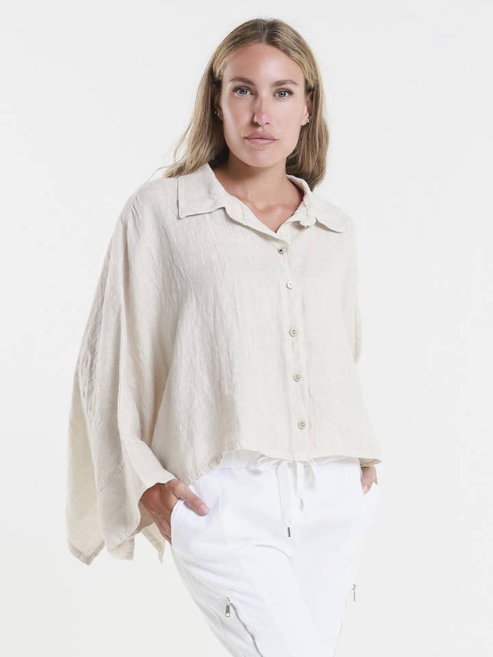 Shayna Oversize Crop Batwing Linen Top (BQ180) for wholesale by TINA Stephens Italy/Tees By Tina