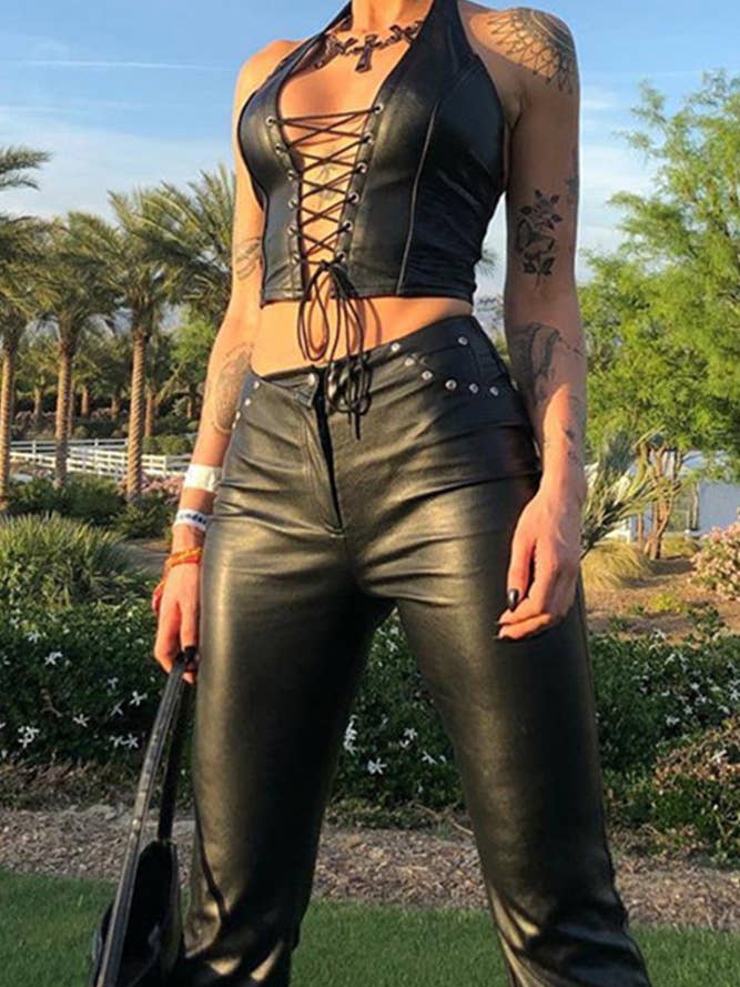 Black PU Criss-Cross Halter Backless Crop Top ZZKF1055 for wholesale on Faire3