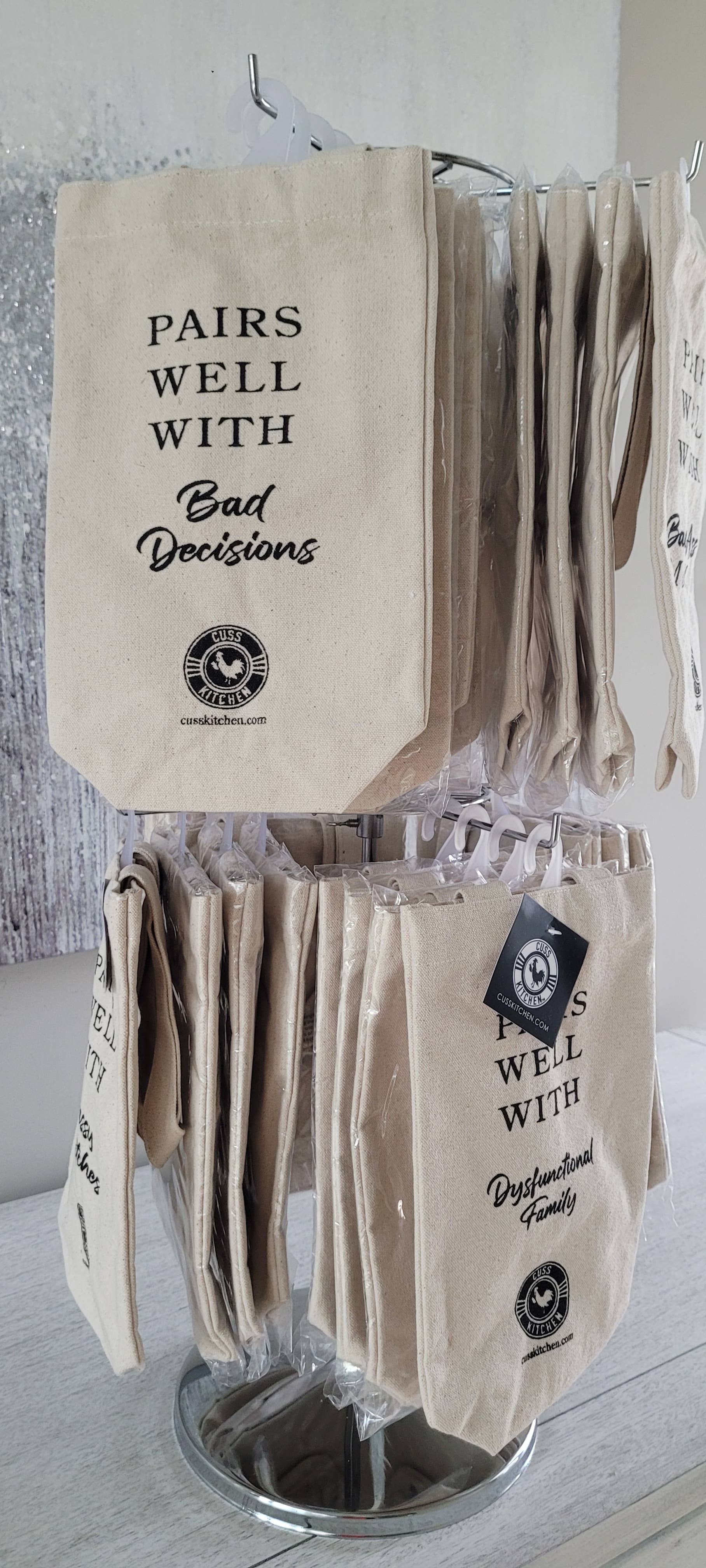 Cuss Kitchen - Wholesale Wine Gift Bag - COUNTERTOP DISPLAY BUNDLE Funny Canvas Fabric Wine Gift Bags1