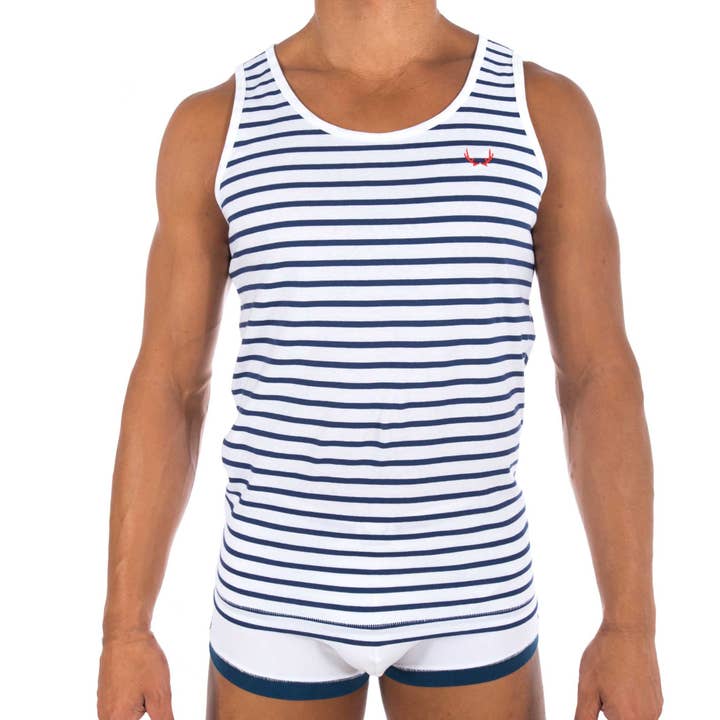 organic cotton tank top - white with navy stripes for wholesale by BLUEBUCK