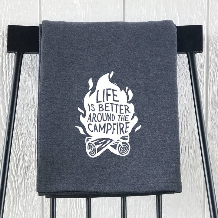 Life Is Better Around The Campfire Sweatshirt Blanket (CHAR) for wholesale by Perfect Day Print Co