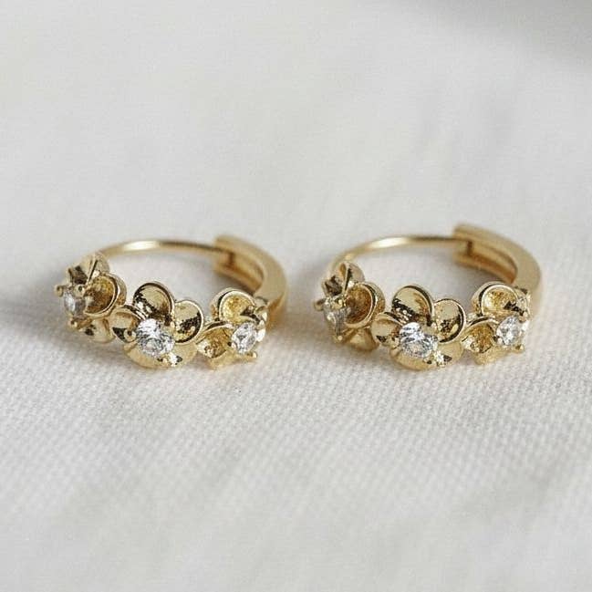 Ellemadera - Wholesale Huggie Earrings - Cubic Zirconia Flower Huggie Hoop Earrings0