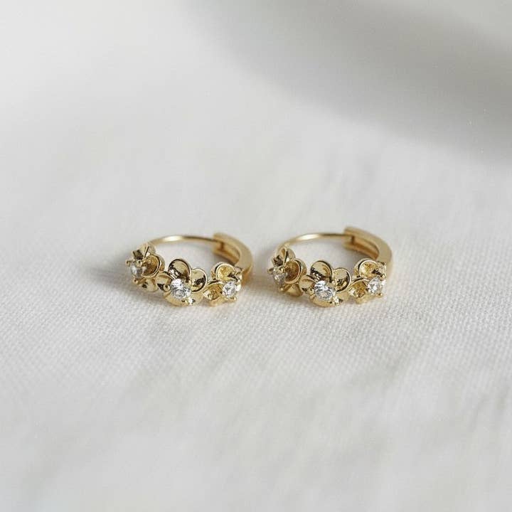 Cubic Zirconia Flower Huggie Hoop Earrings for wholesale by Ellemadera