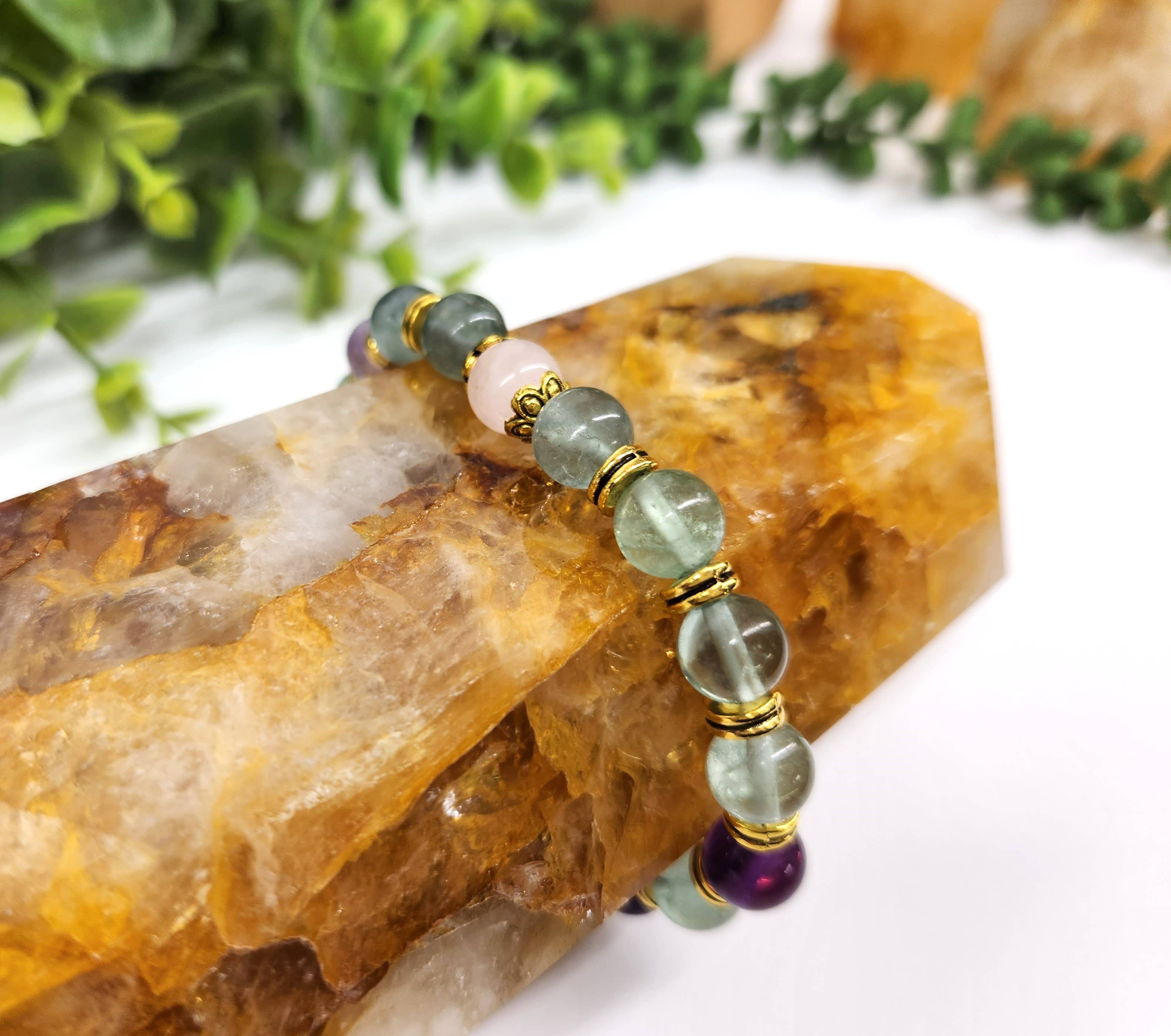 Meraki Gemstones - Wholesale Beaded bracelet - INNER PEACE - Rainbow Fluorite/Rose Quartz(center) 8mm,7.5"L5