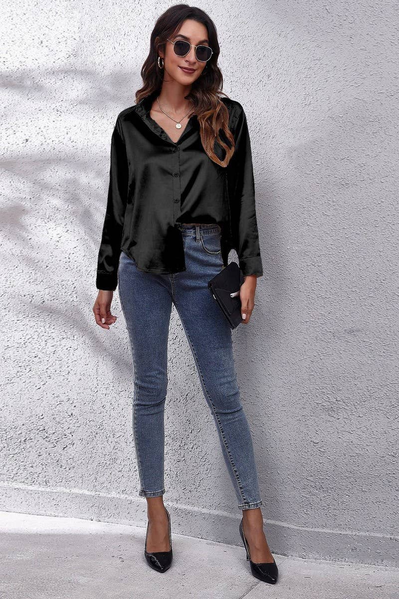 NINEXIS - Wholesale Button Down Shirt - Women's - CWTBLL0691_Button Down Silky Satin Long Sleeve Top7