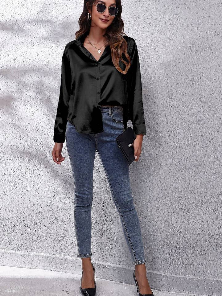 NINEXIS - Wholesale Button Down Shirt - Women's - CWTBLL0691_Button Down Silky Satin Long Sleeve Top7