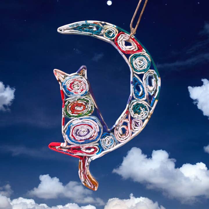 Cat in Moon Ornament - Recycled Paper for wholesale by The Upcycled Paper Company