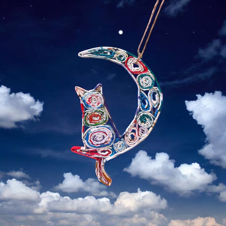 The Upcycled Paper Company - Wholesale Ornament - Cat in Moon Ornament - Recycled Paper