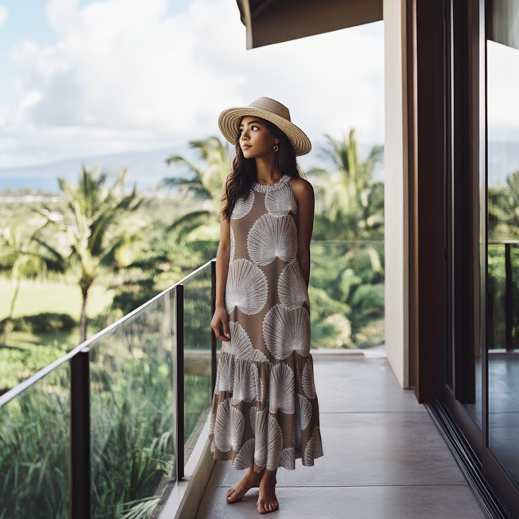 Muumuu Rainbow / DBA Princess Kaiulani Fashions - Wholesale Dress - Women's - Halter Neck Luxury Resort Dress with Hawaiian Loulu Palm5