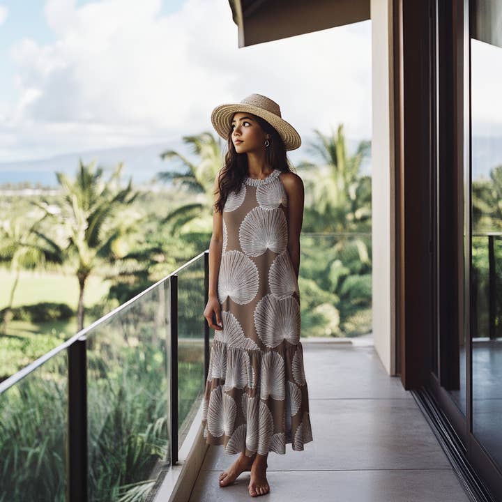 Muumuu Rainbow / DBA Princess Kaiulani Fashions - Wholesale Dress - Women's - Halter Neck Luxury Resort Dress with Hawaiian Loulu Palm5