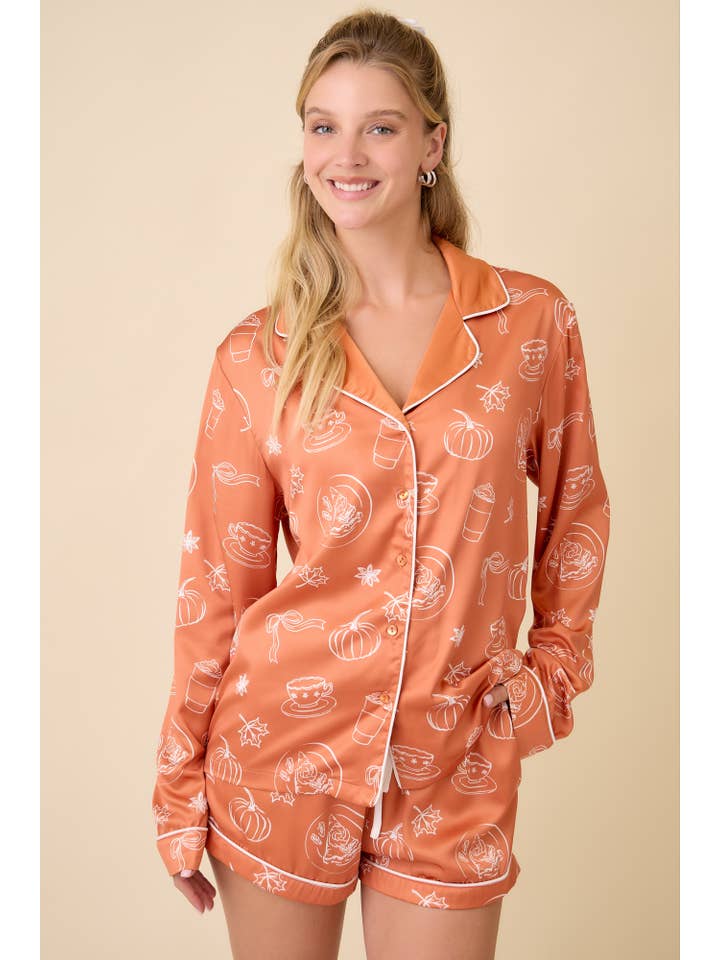 RUST ORANGE Pumpkin Spice Satin Pajama Set – Fall Holiday Sleepwear for wholesale on Faire