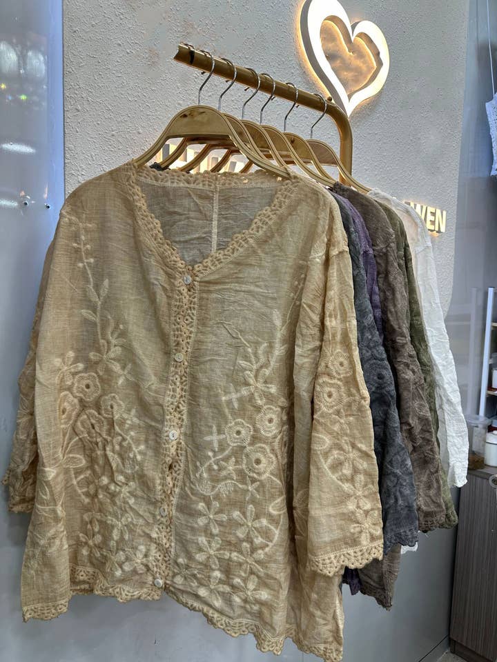 Hope & Sunshine - Wholesale Button Down Shirt - Women's - Embroidered Cotton Button-Up Shirt