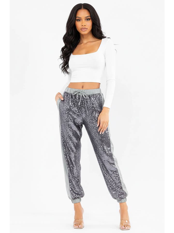 5besties inc - Wholesale Pants - Women's - ELASTIC WAIST POCKETS SEQUINS JOGGER PANTS5
