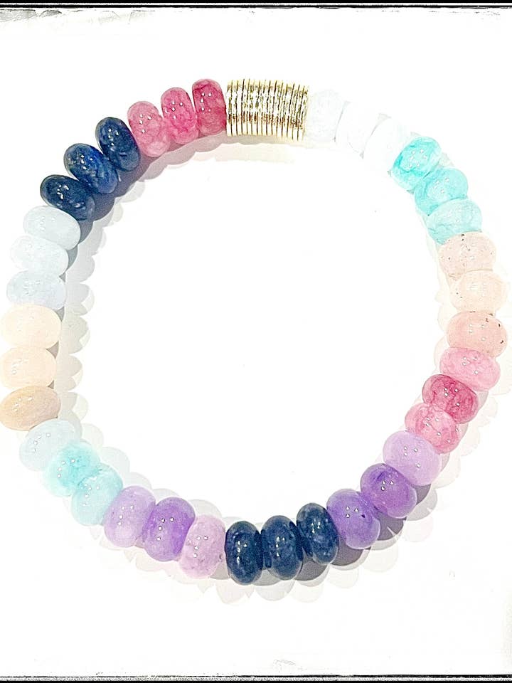 Gemstone Bead Stretch Bracelet Multicolored Dyed Jade Brass for wholesale by GentrybyJenna