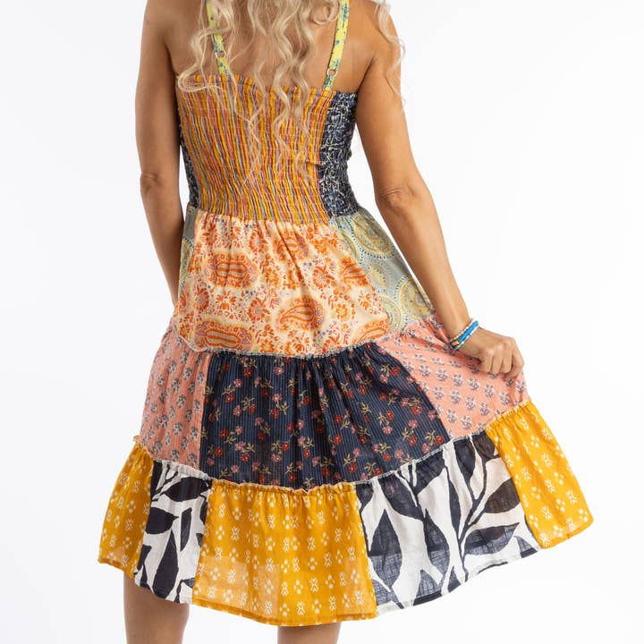 Long patchwork spaghetti strap smock dress, assorted designs for wholesale by Kaleidoscope Accessories