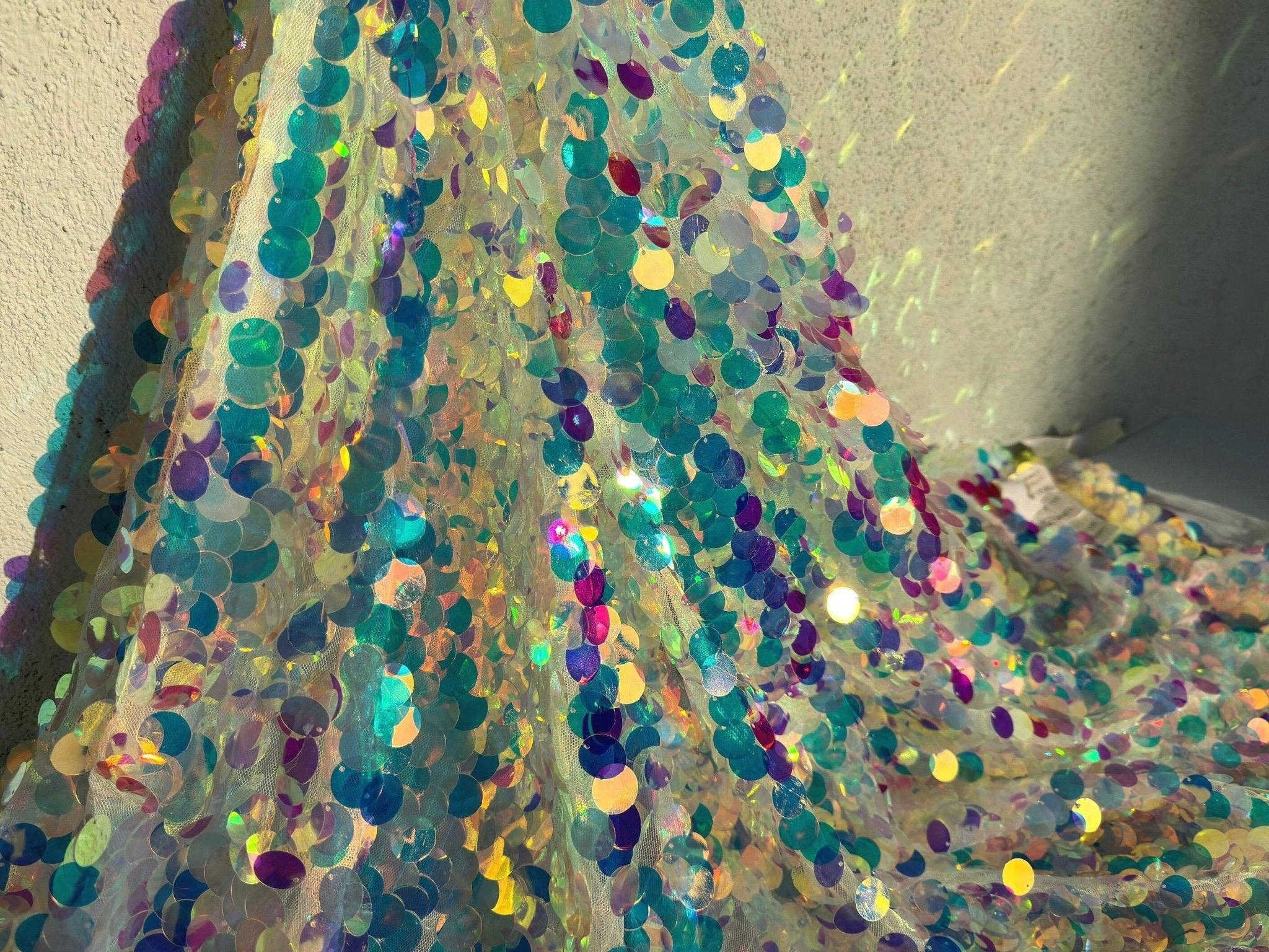 GalaTextile - Wholesale Fabric - Iridescent Coin Sequin on White Mesh Fabric by Yard Jumbo Paillette Sequins on Mesh Material for Event Decoration, Backdrops, Bridal Fabric9