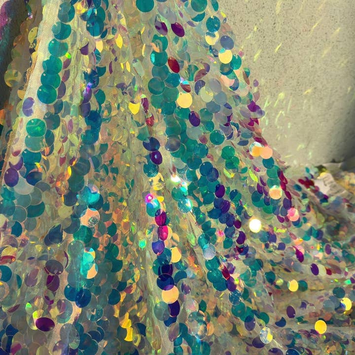 GalaTextile - Wholesale Fabric - Iridescent Coin Sequin on White Mesh Fabric by Yard Jumbo Paillette Sequins on Mesh Material for Event Decoration, Backdrops, Bridal Fabric9