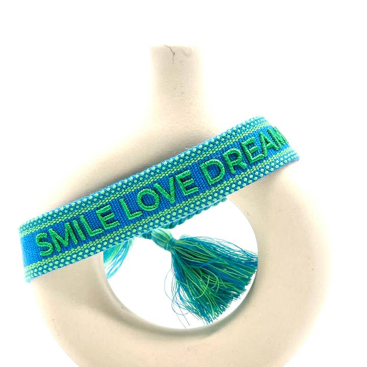 SMILE LOVE DREAM statement bracelet woven, embroidered for wholesale by Parsley & Pepper