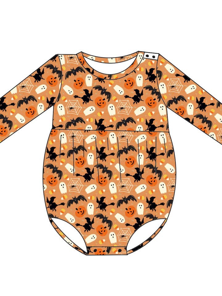 Spooky Season Long Sleeve Bubble Romper **PRESALE** for wholesale by Ellie K’s Closet Co.