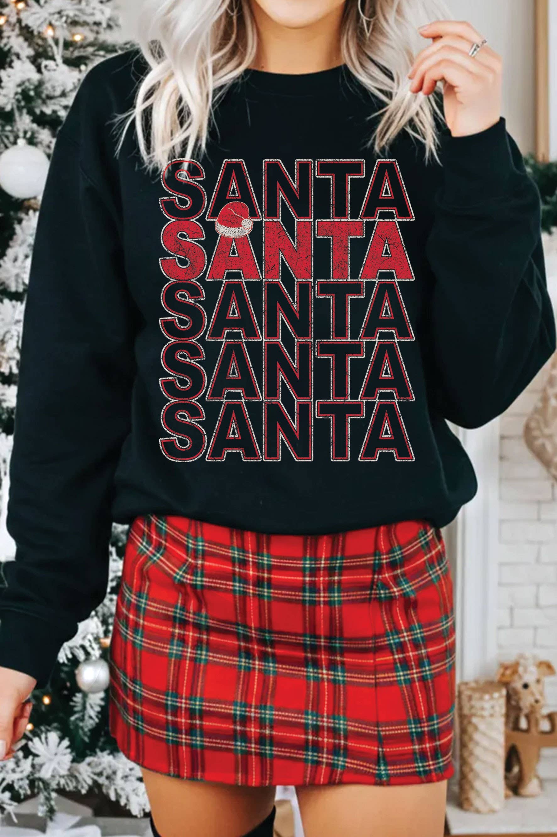 Rustee Clothing - Wholesale Graphic sweatshirt – Women’s - SANTA HAT PUFF GRAPHIC BRUSHED SWEATSHIRTS 0