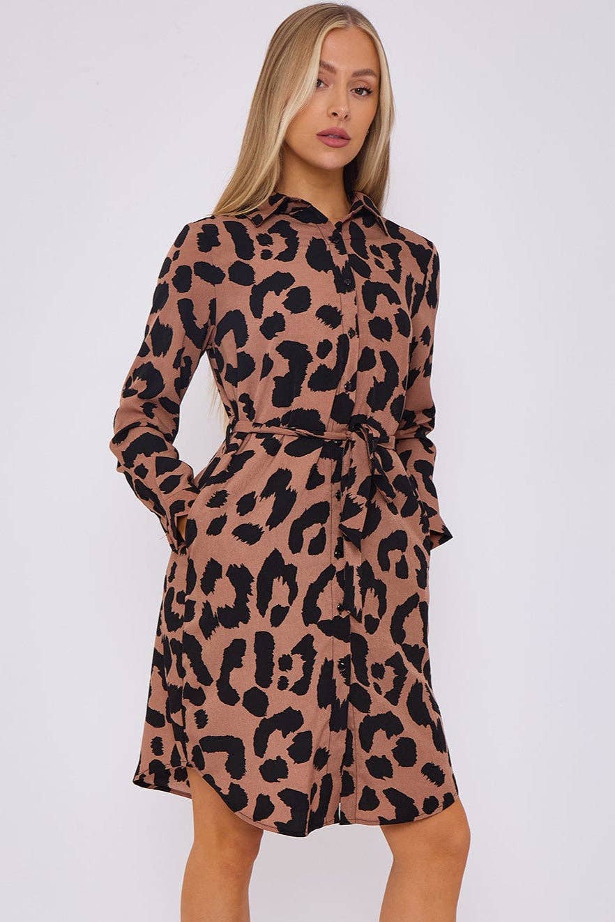 marrone Mini abito a camicia con stampa leopardata marrone chiaro in vendita all'ingrosso su Faire3