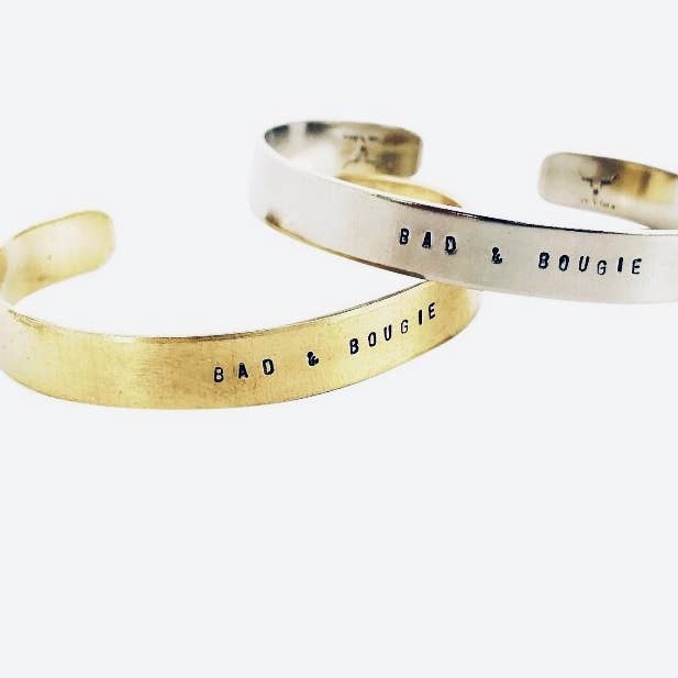 Manchette Snarky Stamped Bad et Bougie pour la vente par Lux + Luca Jewelry Co.