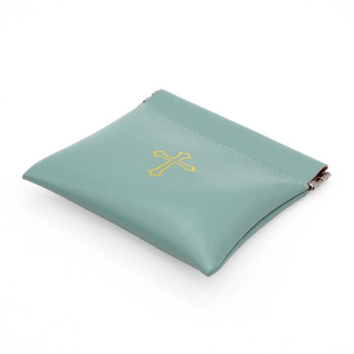 RM Trading - Wholesale Pouch - Women's - Squeeze Top Rosary Pouch Green Faux Leather w/Cross Imprint