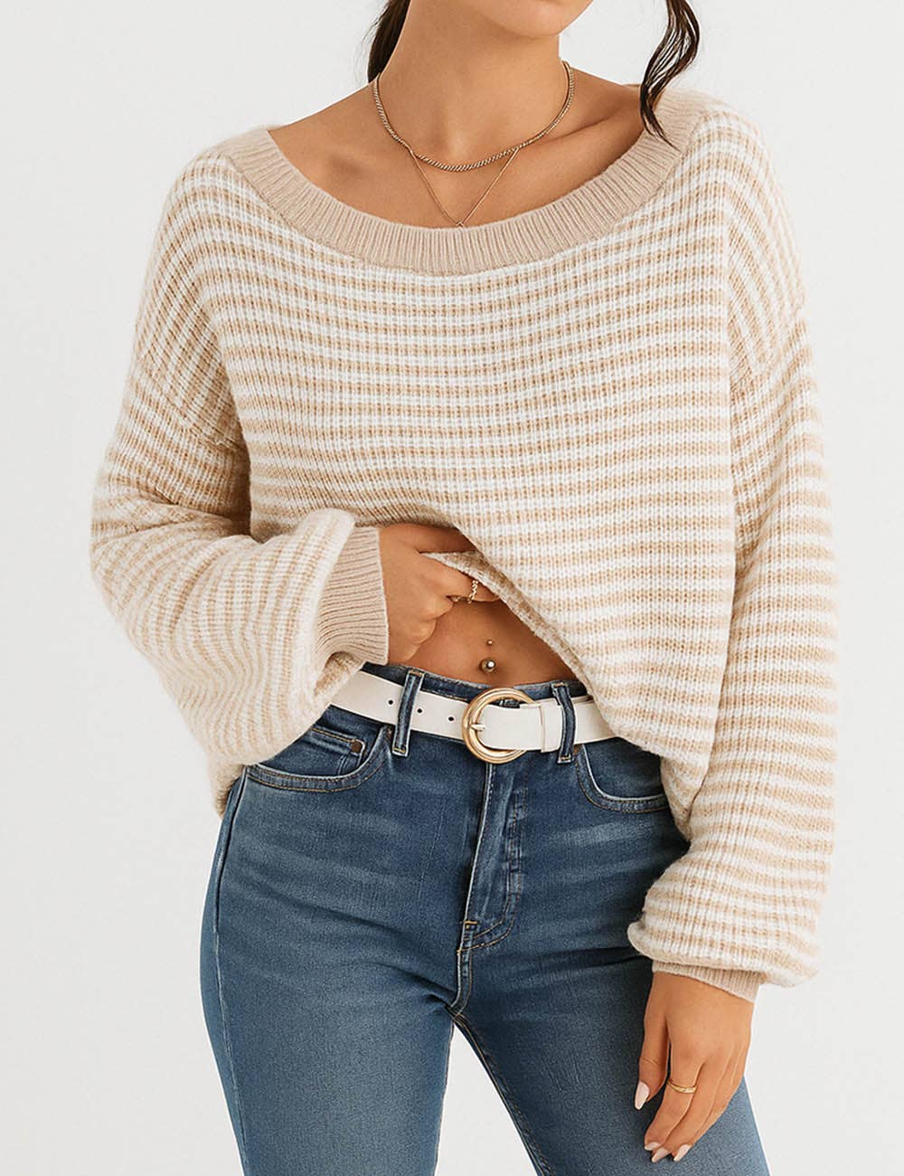 Sweetkama - Wholesale Knit Sweater - Women's - Ladies Striped Pullover Round Neck Lantern Sleeves Knit Sweater12