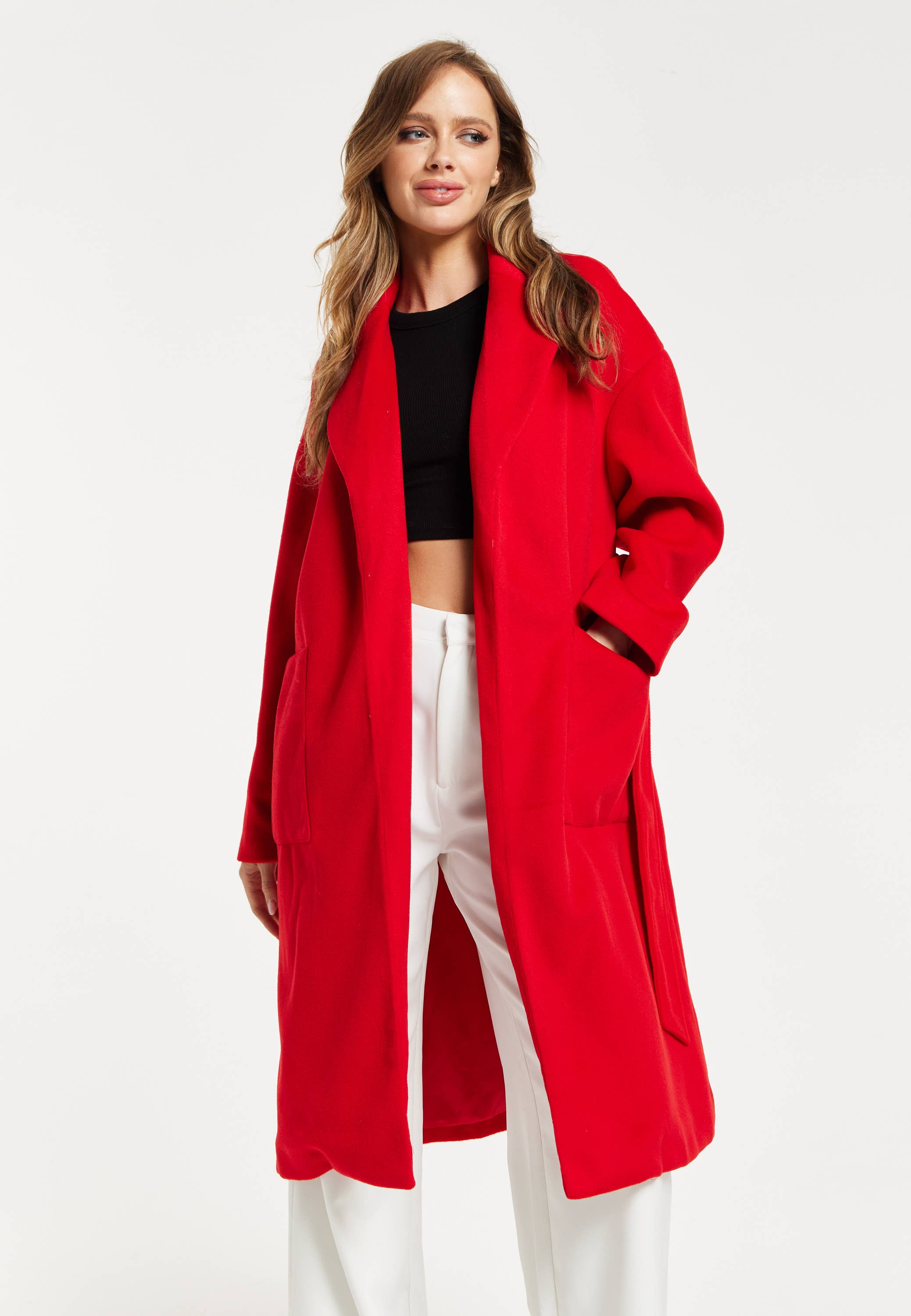 Liquorish Belted Longline Coat In Red for wholesale on Faire1