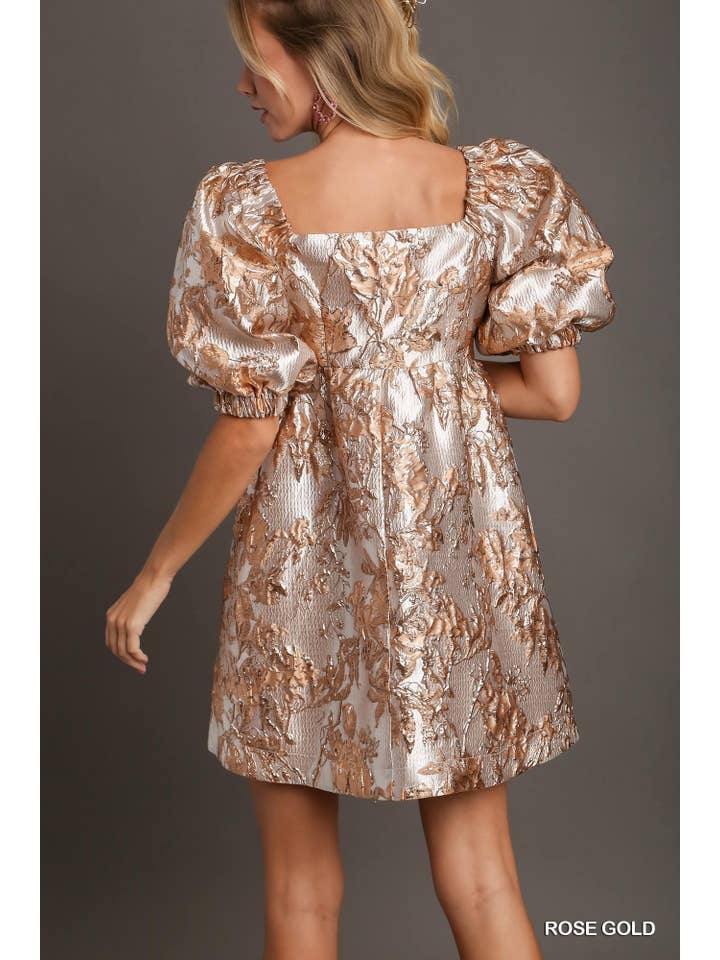 Vanilla Monkey - Wholesale Dress - Women's - Metallic Jacquard Floral Print Foil Balloon Sleeve Dress