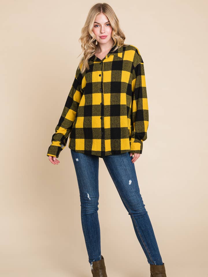Mustard Black ETK-8641-PL Plus Size Buffalo Plaid Button Up Shirt for wholesale on Faire0