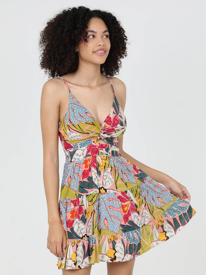 ANGIE - Wholesale Dress - Women's - C4143-A865 TROPICAL PRINT V NECK TWIST FRONT CUT OUT DRESS