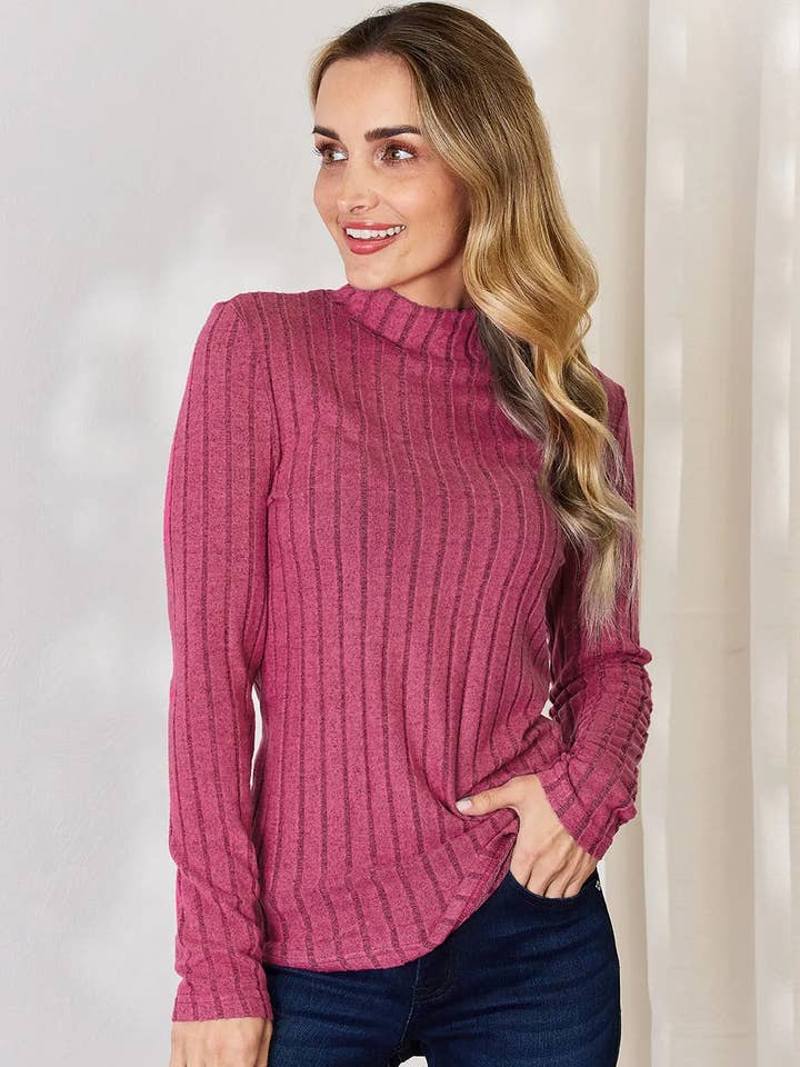 Camiseta de manga larga con cuello simulado acanalado de tamaño completo Basic Bae para venta al por mayor de Garden Naked