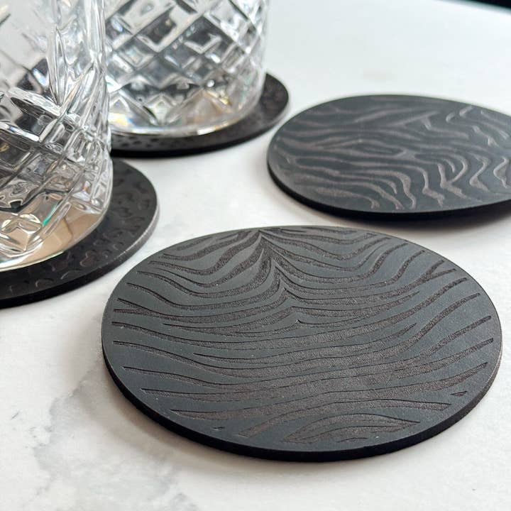 One Black Animal Print Leather Coasters, Leather Anniversary for wholesale by Parkin & Lewis