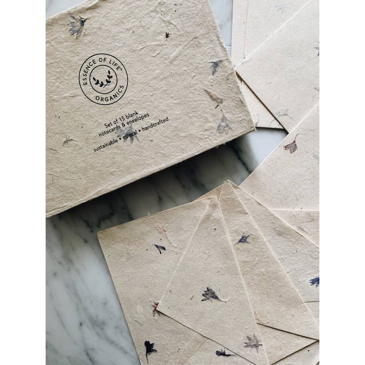 Essence of Life Organics - Wholesale Stationery/Notecard Set - Handcrafted Botanical Notecards, set of 15 blank envelopes a