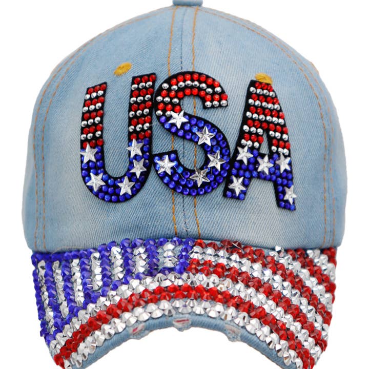 Cap Zone - Wholesale Baseball Cap - Women's - USA American Flag Bling Rhinestone Denim Cap