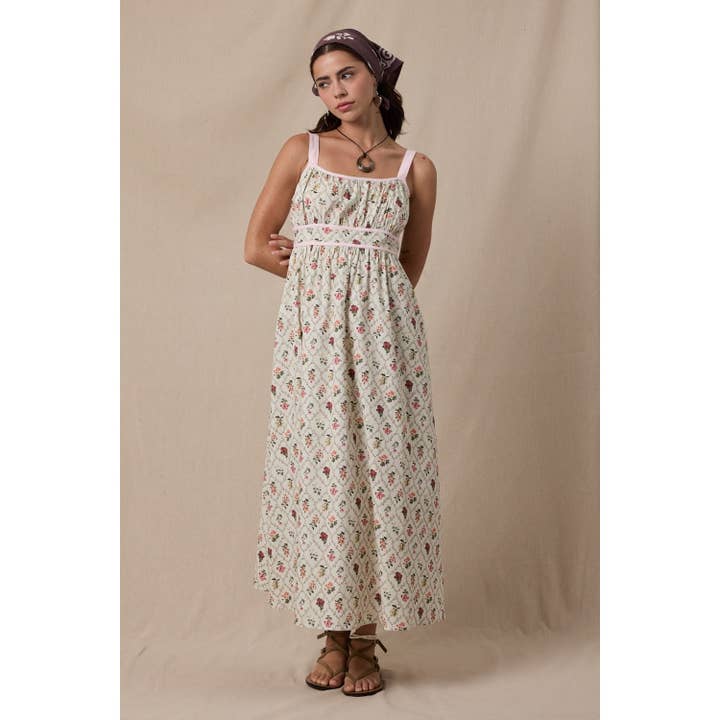 CREAM COMBO FLORAL SLEEVELESS MIDI DRESS / WL25-11629 for wholesale on Faire
