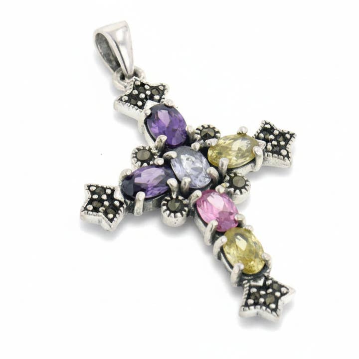 Multicolor CZ and Marcasite Cross Sterling Silver Pendant for wholesale by Silver Insanity