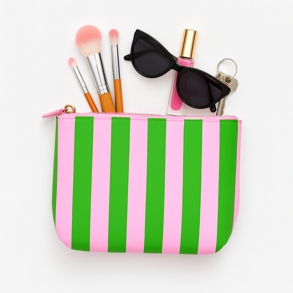 Aspen Lane - Wholesale Makeup/Cosmetic Bag - Cute pouch + cosmetic bag | leather pink & green stripe4